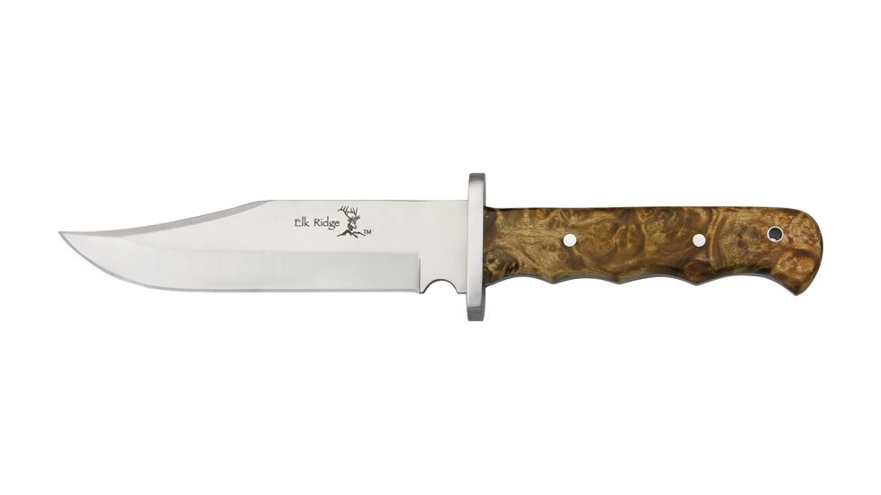 Elk Ridge Fixed Blade Hunter Fixed Blade Knife 5.5in, 5.5in, Stainless Clip Blade, Burl Wood Handle ER101
