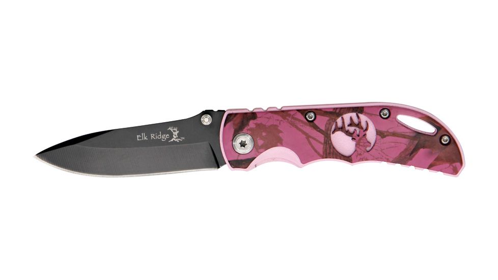 Elk Ridge Folder Pink Camo Folding Knife, 2.625in, Black Carbon Stainless Blade, Aluminum Handle Pink Camo Onlay ER134PC