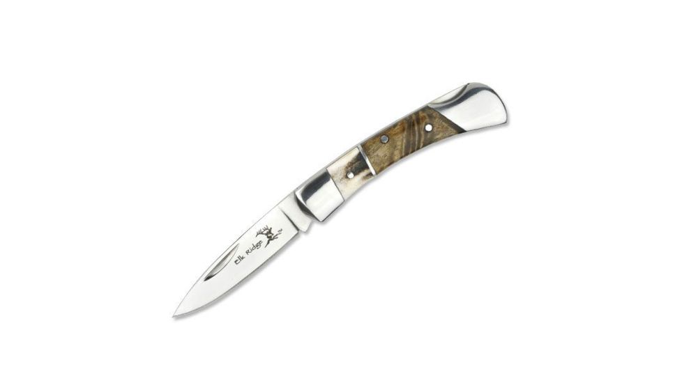 Elk Ridge Folding Blade, 2.25in, Stainless Steel Blade, Stag &amp; Burl Wood Insert Handle, ER-127MSW