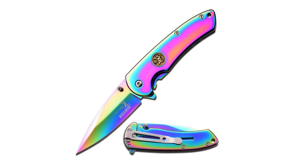 Elk Ridge Folding Blade, 2.75in, Stainless Steel Blade, Rainbow Titanium Coated Mirror Handle ER-A005RB