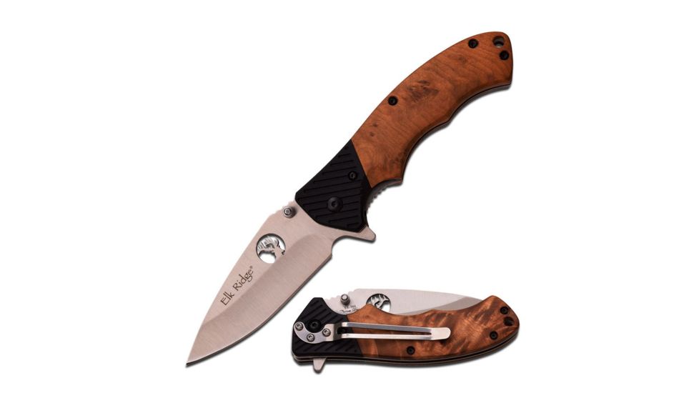 Elk Ridge Folding Blade, 3.25in, Stainless Steel Blade, Burl Wood Handle ER-566SBW