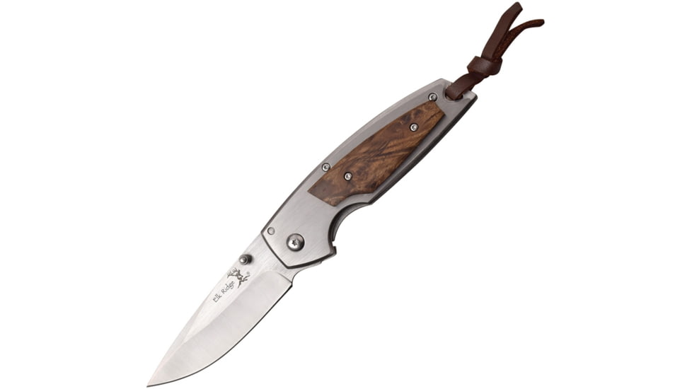 Elk Ridge Framelock Folding Knife, 3.5in Satin SS Drop Point, SS Handle, Thumb Stud, Pocket Clip, Wood Front Handle Onlay, ER-933BW