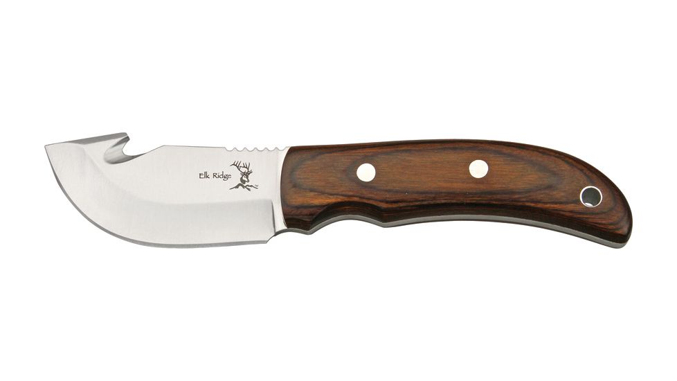 Elk Ridge Guthook Hunter Fixed Blade Knife, 2.75in, Guthook Blade, Brown Rich Grain Wood Handle ER108