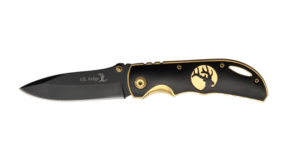 Elk Ridge Linerlock Folding Knife 2.75in, 2.75in, Black Stainless Blade Gold Dual Thumb Studs, Black Aluminum Onlay Handle ER134