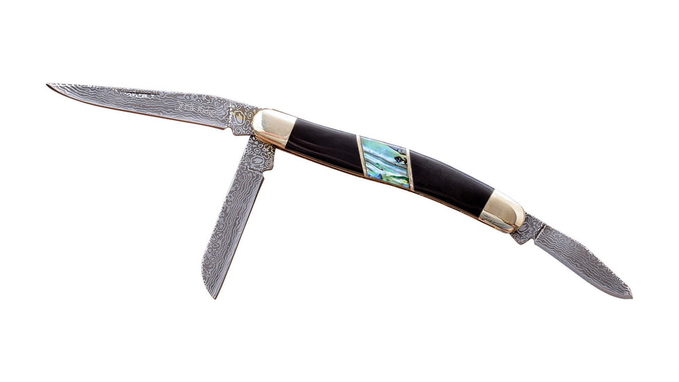 Elk Ridge Small Stockman Abalone Folding Knife, Faux damascus finish stainless clip, sheepsfoot, a, Black pakkawood handle with abalone inlay, ER-953DAB