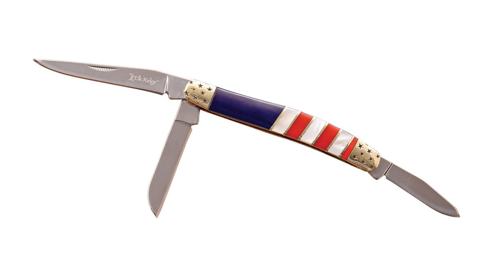 Elk Ridge Small Stockman Red White Blue Folding Knife, Stainless clip, sheepsfoot, and spey blades, Red, white, and blue synthetic handle, ER-953AF
