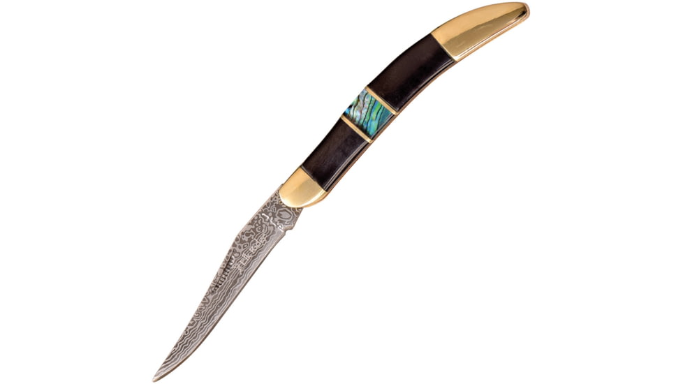 Elk Ridge Toothpick Abalone Folding Knife, Faux damascus finish stainless long clip blade, Black pakkawood handle with abalone inlay, ER-952DAB