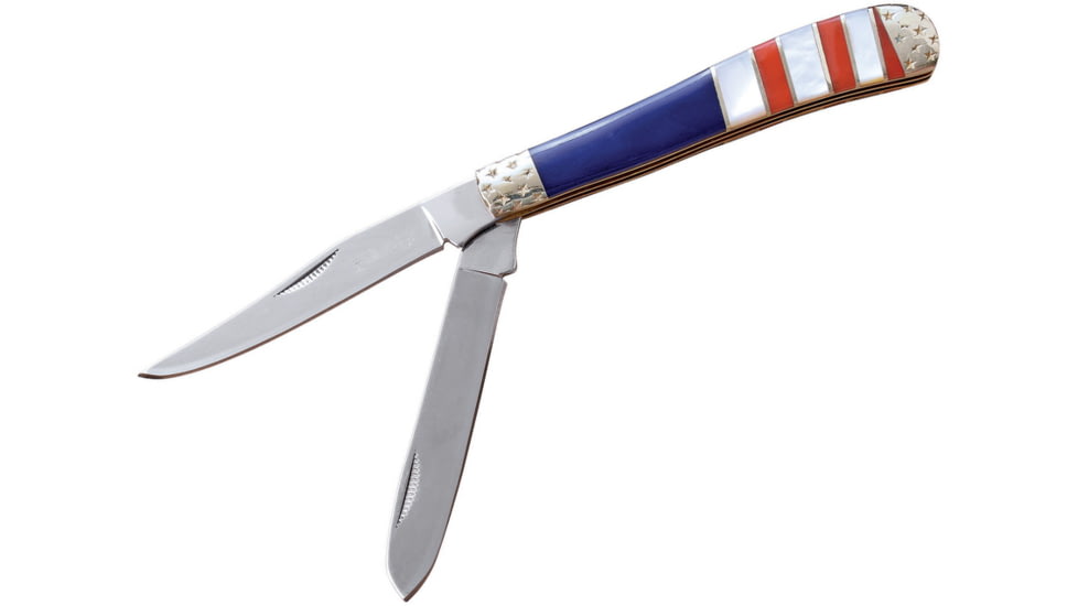 Elk Ridge Trapper Red White Blue Folding Knife, Mirror finish stainless clip and spey blades, Red, white, and blue synthetic handle, ER-954AF