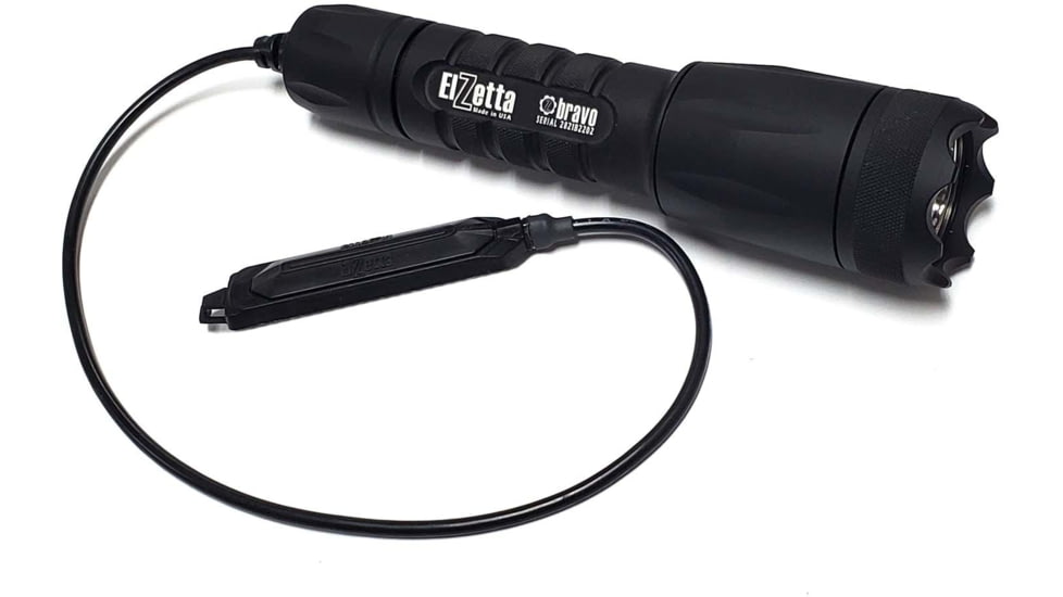Elzetta Bravo 2-Cell Flashlight w/Crenellated Bezel Ring, CR123, White, 600 Lumens, HC Head, Remote Tape Switch w/12in Cable, Black, B556