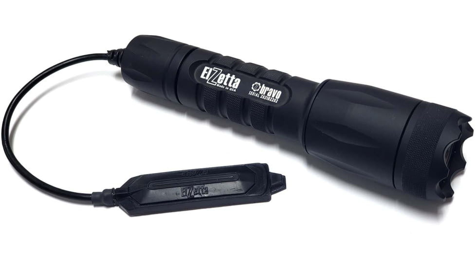 Elzetta Bravo 2-Cell Flashlight w/Crenellated Bezel Ring, CR123, White, 600 Lumens, HC Head, Remote Tape Switch w/5in Cable, Black, B555