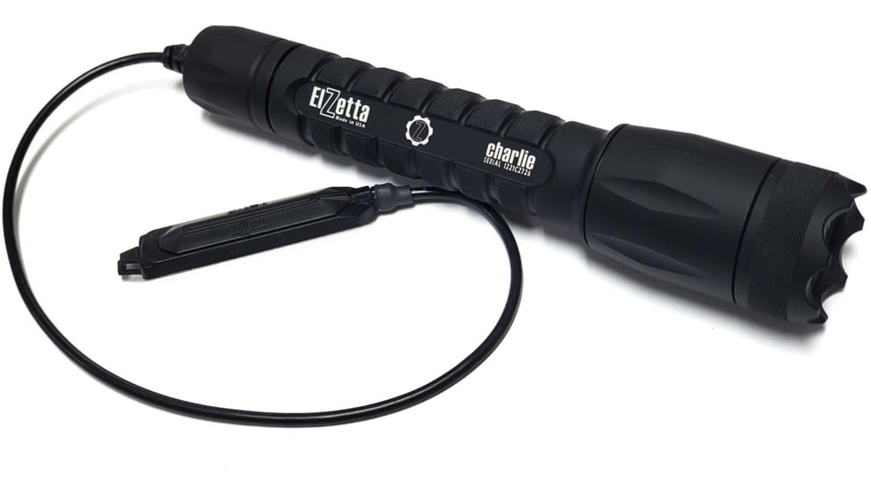 Elzetta Charlie 3-Cell Flashlight w/Crenellated Bezel Ring, CR123, White, 900 Lumens, HC Head, Remote Tape Switch w/12in Cable, Black, C556