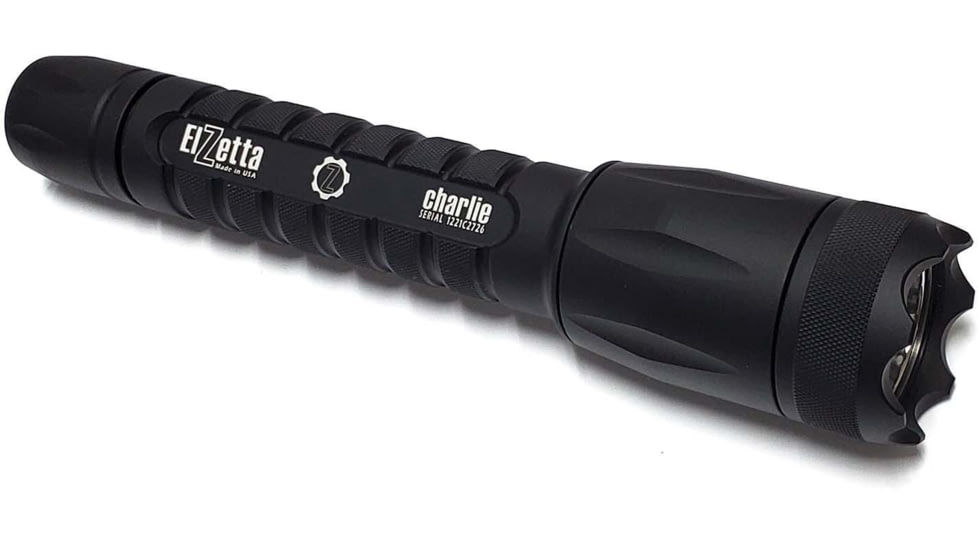 Elzetta Charlie 3-Cell Flashlight w/Crenellated Bezel Ring, CR123, White, 900 Lumens, HC Head, Rotary Tailcap, Black, C551