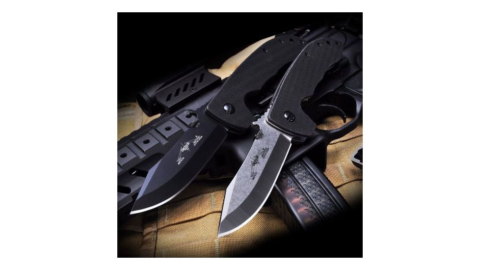 Emerson Mini CQC-8 Horseman Folding Knife w/ Serrated Blade, Black Finish, 3.54 in Blade, MC8-BTS