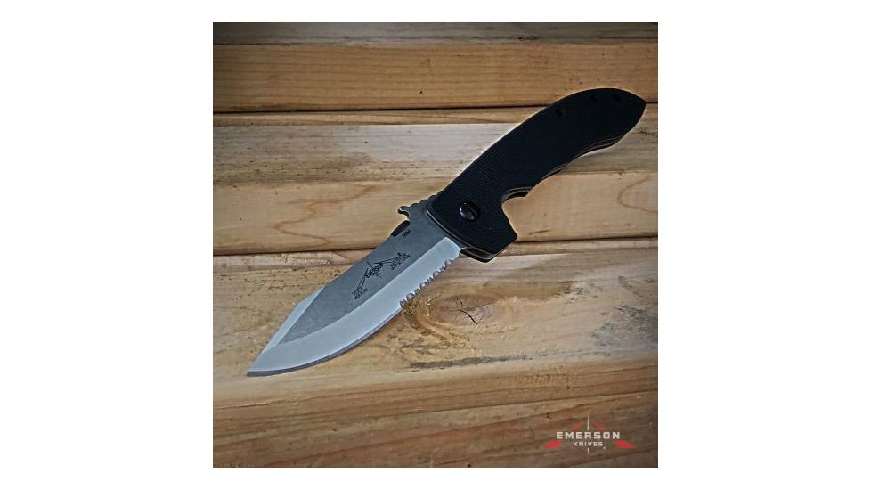 Emerson Mini CQC-8 Horseman Folding Knife w/ Serrated Blade, Stonewashed Finish, 3.54 in Blade, MC8-SFS