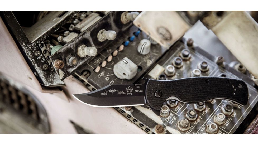 Emerson Sheepdog Bowie Folding Knife w/ Serrated Blade, Black Finish, 3.5 in Blade, SHPDG-BW-BTS