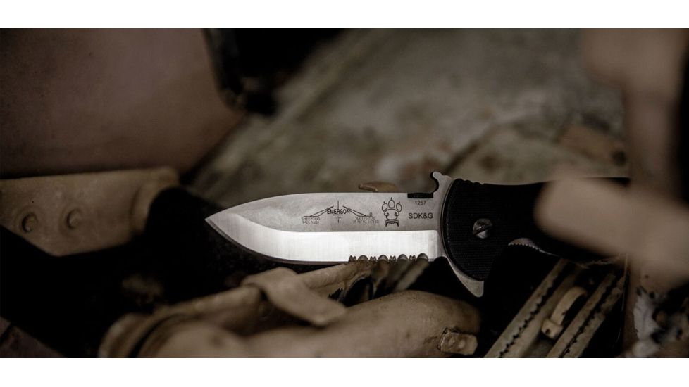 Emerson Sheepdog Bowie Folding Knife w/ Serrated Blade, Stonewashed Finish, 3.5 in Blade, SHPDG-BW-SFS