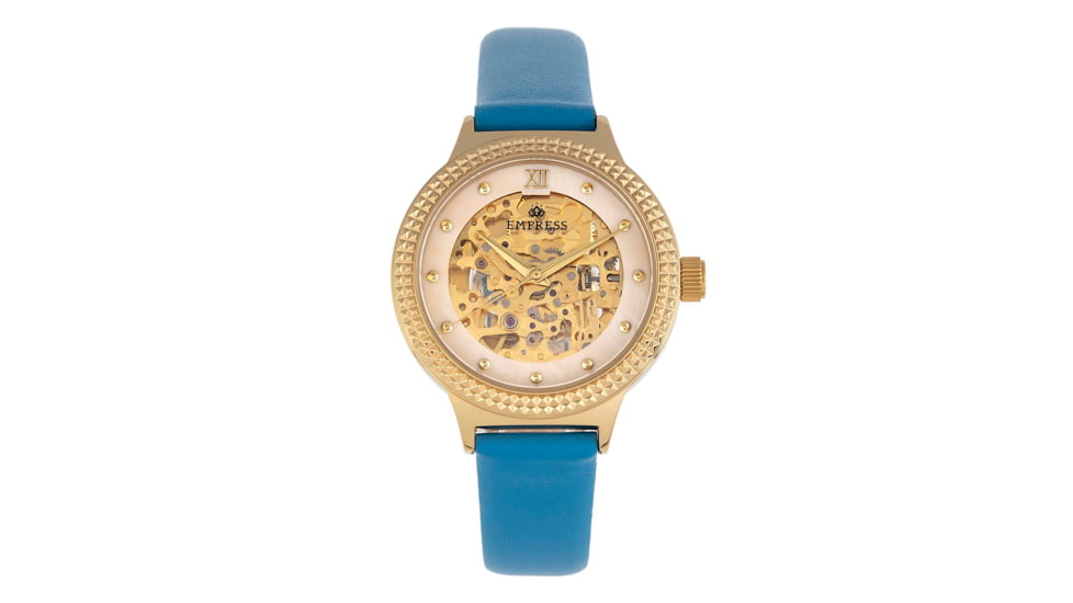 Empress Alice Automatic MOP Skeleton Dial Leather-Band Watch, Blue, One Size, EMPEM3204