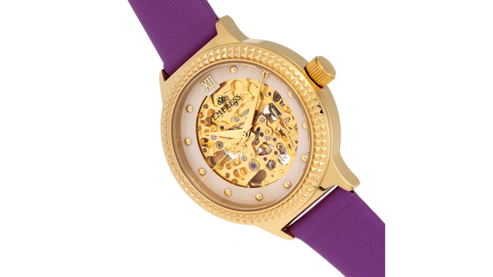 Empress Alice Automatic MOP Skeleton Dial Leather-Band Watch, Purple, One Size, EMPEM3205