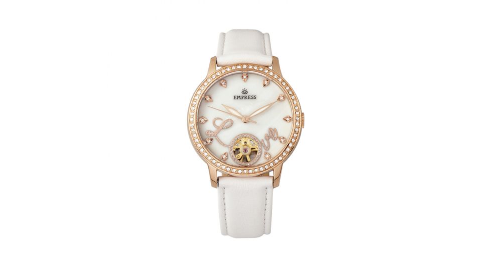 Empress Quinn Semi-Skeleton Dial Leather-Band Watch, White, EMPEM2706