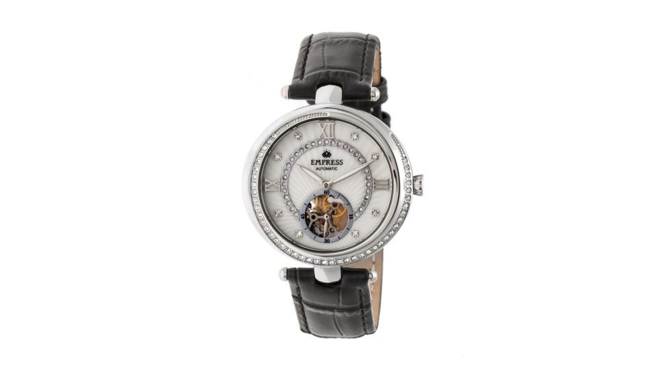Empress Stella Semi-Skeleton Leather Band Watch, White/Black EMPEM2101