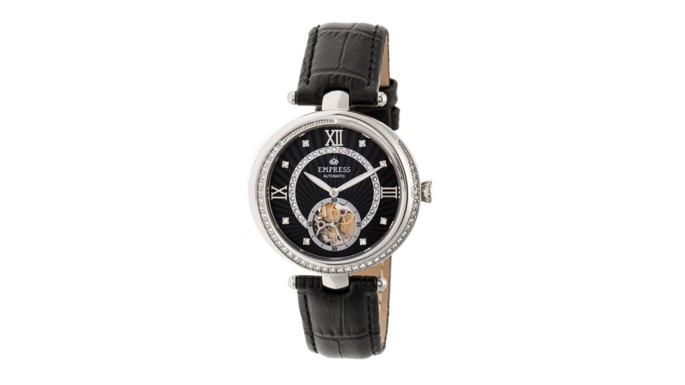 Empress Stella Semi-Skeleton Leather Band Watch, Black/Black EMPEM2102
