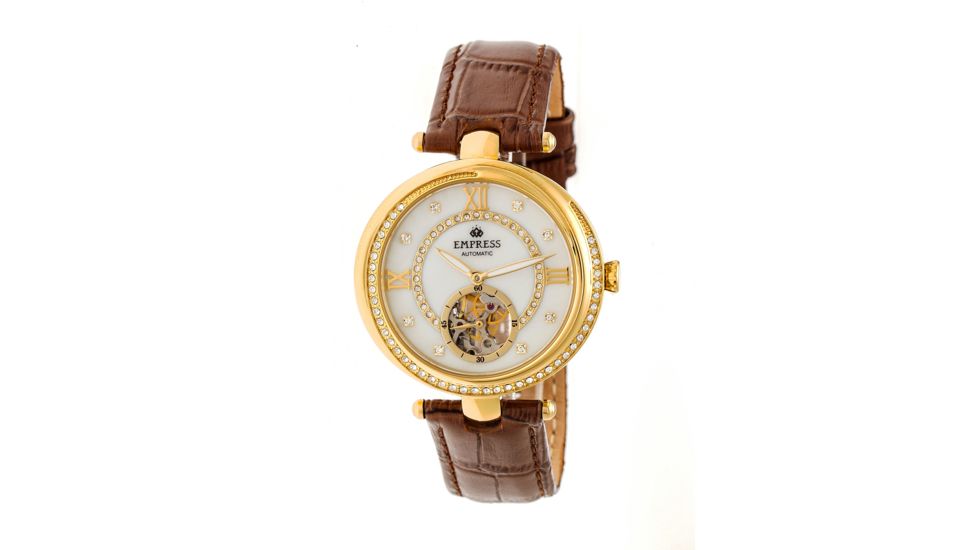 Empress Stella Semi-Skeleton Leather Band Watch, White/Brown EMPEM2104