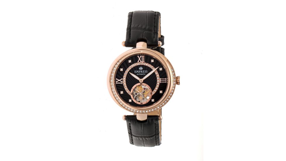 Empress Stella Semi-Skeleton Leather Band Watch, Black/Black EMPEM2105