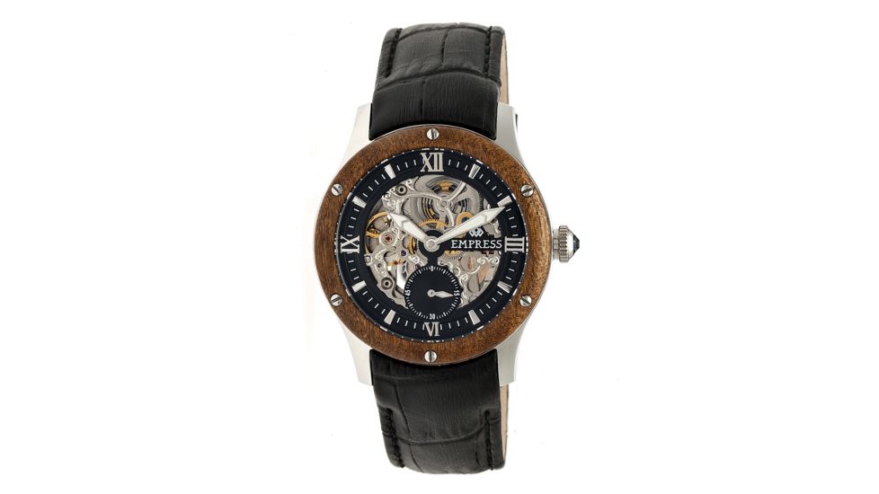 Empress Victoria Automatic Wood Bezel Skeleton Dial Leather-Band Watch, Silver/Black/Black, Standard EMPEM1702