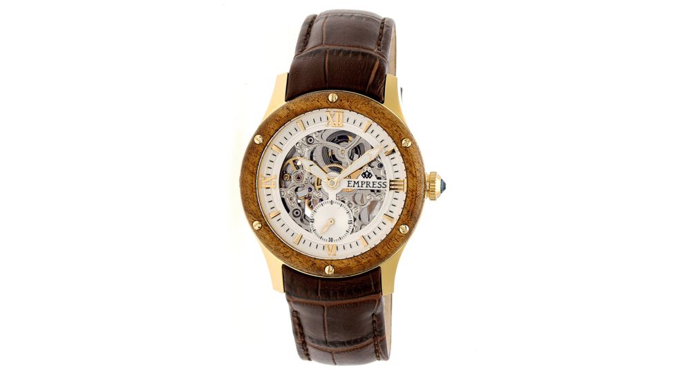 Empress Victoria Automatic Wood Bezel Skeleton Dial Leather-Band Watch, Gold/Silver/Dark Brown, Standard EMPEM1705