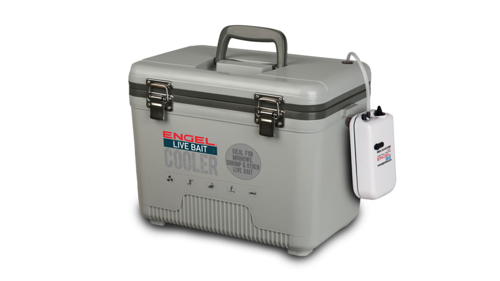 Engel Live Bait Cooler - 2X2 Aerator Pump, Air Tube Air Stone, Dc Cord, Shoulder Strap &amp; Net, Gray, 19 Qt, ENGLBC19-N-G