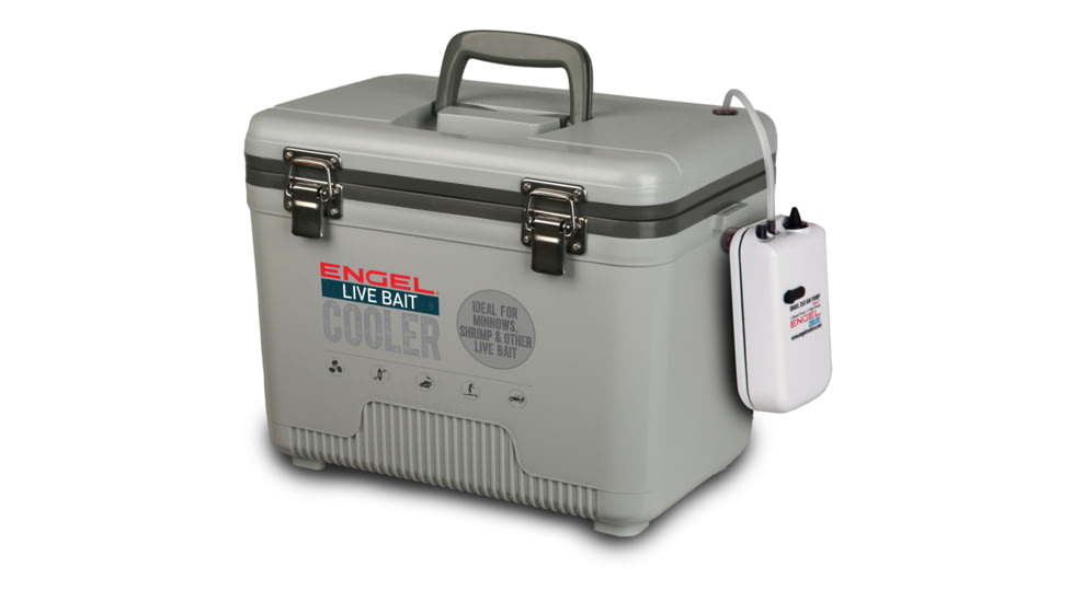 Engel Live Bait Cooler - 2X2 Aerator Pump, Air Tube Air Stone, Dc Cord, Shoulder Strap &amp; Net, Gray, 30 Qt, ENGLBC30-N-G