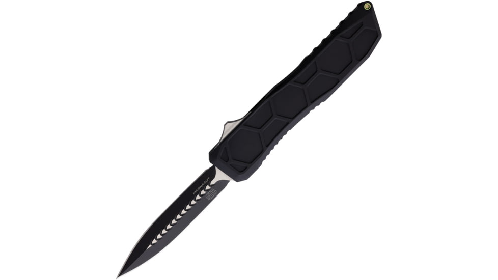 EOS Auto Harpoon OTF Automatic Folding Knife, 3.75in, MagnaCut Steel, Two-Tone Satin Double Edge Dagger Blade, Black Sculpted Aluminum Handle, AUTO BLACK 2 TONE HEX DAGGER