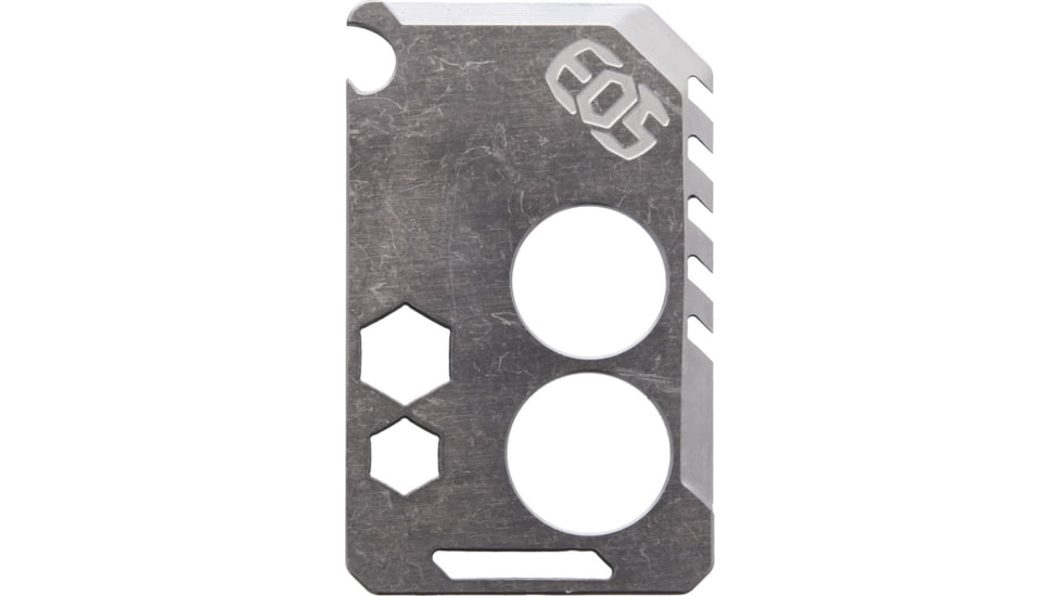 EOS Knife Card Raw Finish, 3.5in X 2.13in, Titanium Construction, Tools Include, Bottle Opener L Lanyard Loop, Raw Finish, Two Semi-Sharp Edges, Plain And Serrated, Wrench 1/4, 3/8, 1/2, L Bulk Packed., CARD-TI