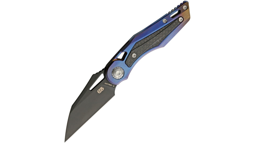EOS Urchin Friction Folder Flame Folding Knife, 3in Black Dlc Coated Nitro V Steel Blade, Flame Anodized Titanium Handle With Carbon Fiber Inlay, Pocket Clip, Slip Joint, EOS037