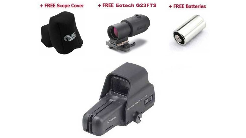 Eotech Law Enforcement Holographic Weapon Sight 556.A65/1 with ScopeCoat Opticsplanet Protective Cover, Eotech G23FTS Magnifier and Surefire 123 SF2-CB Batteries