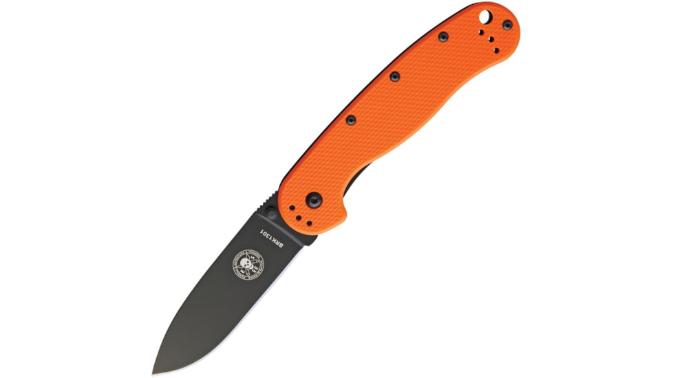 Esee Avispa Framelock Orange Folding Knife, 3.5 black EDP coated AUS-8 stainless blade, Orange textured G10 handle with black stainless ba, BRK1301ORNGE BLK BLADE