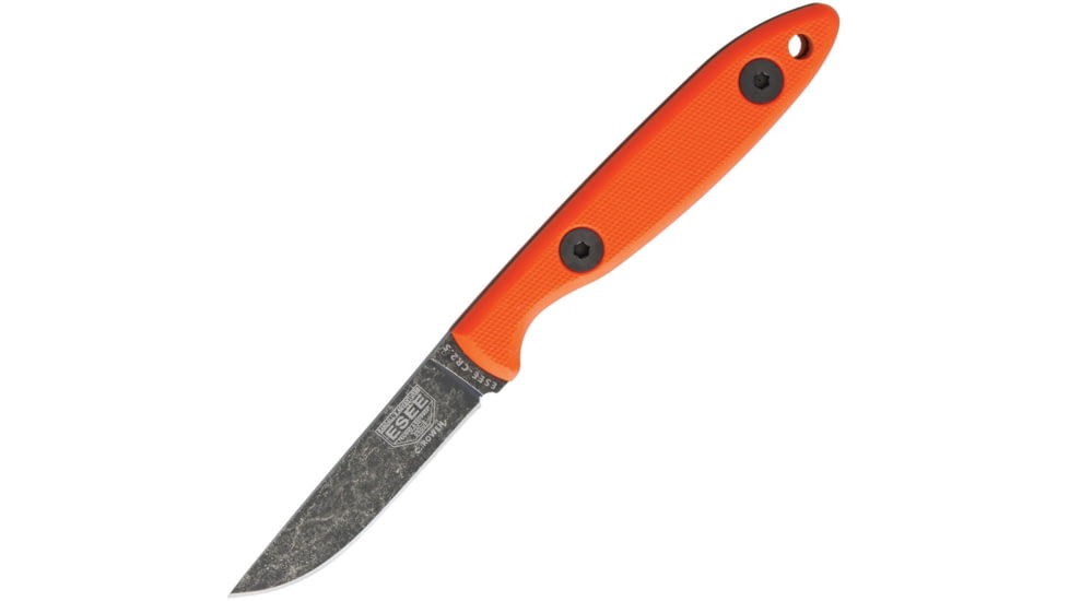 Esee Camp Lore Fixed Blade Orange Fixed Blade Knife, 6.25in Overall, 2.5in Black Stonewash 1095Hc Steel Drop Point, Orange G10 Handle, Designed By Cody Rowan, Brown Leather, Orange, CR25-OR