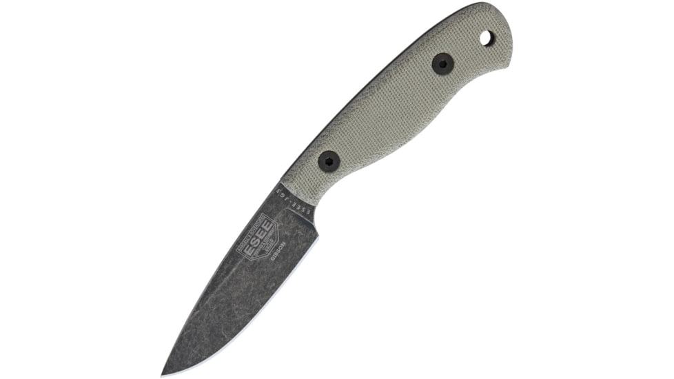 Esee Camp Lore James Gibson Knife, 7.63in Overall, 3.5in Stonewash 1095Hc Steel Drop Point, Canvas Micarta Handle, Brown Leather Sheath, ESJG3BO
