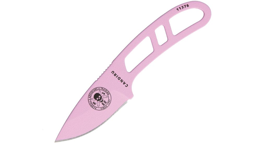 Esee Candiru Pink Fixed Blade Knife, 2in, 1095 Carbon Steel, Drop Point, Textured Pink Powder Coated, Skeletonized Handle ESCANPINK