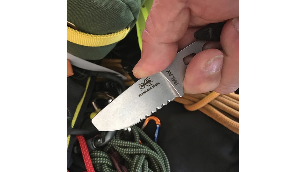 Esee Imlay Rescue Folding Knife, 2.25in Stonewash Partially Serrated 440C SS Blade, One-Piece Construction, Finger Ring, Sheath Includes Retention Strap, Black Nylon Sheath, IMLAY