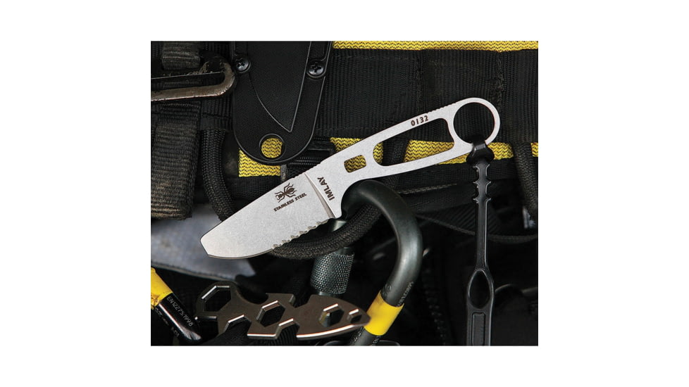 Esee Imlay Rescue Folding Knife, 2.25in Stonewash Partially Serrated 440C SS Blade, One-Piece Construction, Finger Ring, Sheath Includes Retention Strap, Black Nylon Sheath, IMLAY