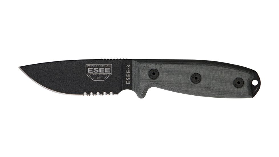 Esee Mdl 3 Fxd Knife, 3.75in, Srtd, Black Linen Micarta Hdl, Modified pommel,Sheath Clip Plate RC3SM