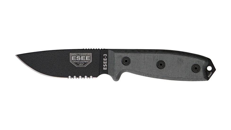 Esee Mdl 3 Fxd Knife, 3.75in, Srtd, Black Micarta Hdl,Pommel, Brown Sheath,clip plate RC3SMB
