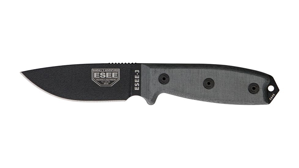 Esee Mdl 3 Stnd Edge Fxd Knife, 3.75in, Black Steel, Black Hdl,Pommel, Brown Sheath,plate RC3PMB