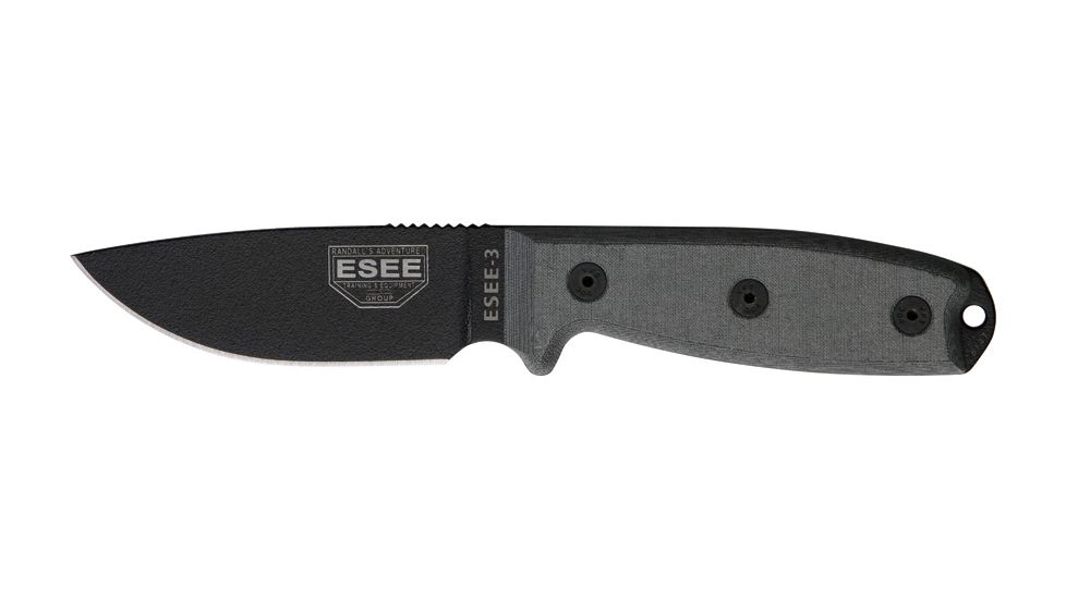 Esee Mdl 3 Stnd Edge Fxd Knife, 3.75in, Black Textured Powder Coated Carbon Steel, Black Linen Micarta Hdl RC3PM