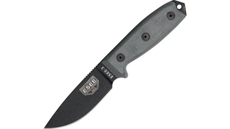 Esee Mdl 3 Stnd Edge Fxd Knife, 3.75in, Carbon Steel Stnd Edge Blde, Black Micarta Hdl,Pommel ES3PB