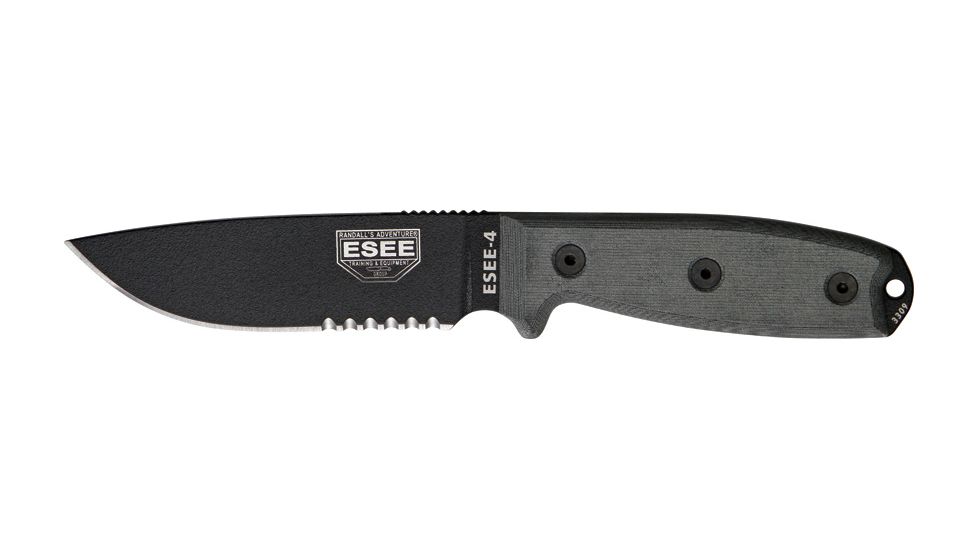 Esee Mdl 4 Part Srtd Fxd Knife, 4.5in, Srtd, Black Micarta Hdl, Black Sheath,clip plate RC4SMB