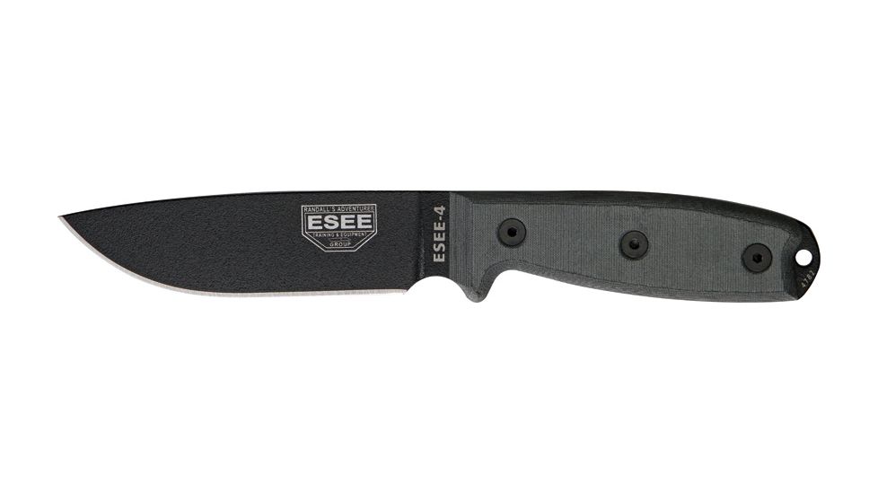 Esee Mdl 4 Plain Edge Fxd Knife, 4.5in, Black Carbon Steel Stnd Edge Blde, Black Micarta Hdl,Sheath,Clip Plate RC4P
