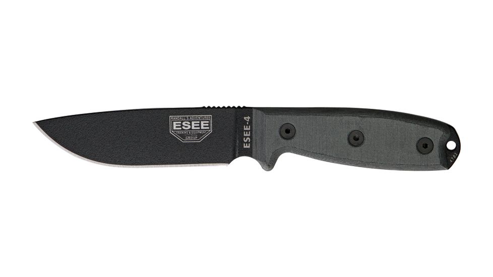 Esee Mdl 4 Plain Fxd Knife, 4.5in, Black Steel Stnd Edge, Black Linen Micarta Hdl ES4PKO