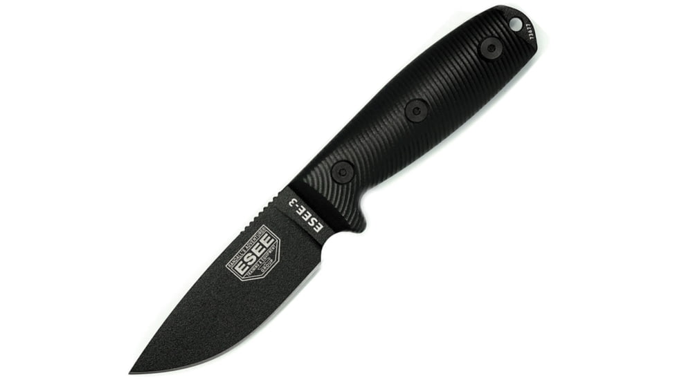 Esee Model 3 3D Fixed Blade Black Knife, 3.88 black powder coated 1095HC steel blade, Black 3D machined G10 handle, 3PMB-001